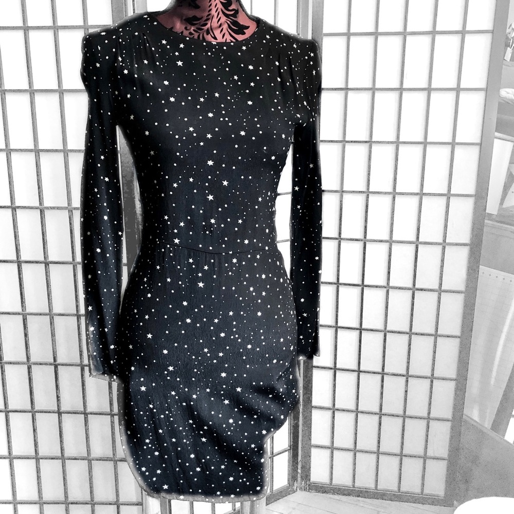 ‼️GOING‼️ H&M Long-Sleeve Rayon Fitted Mini Dress Black w/White Stars XS•Size 2